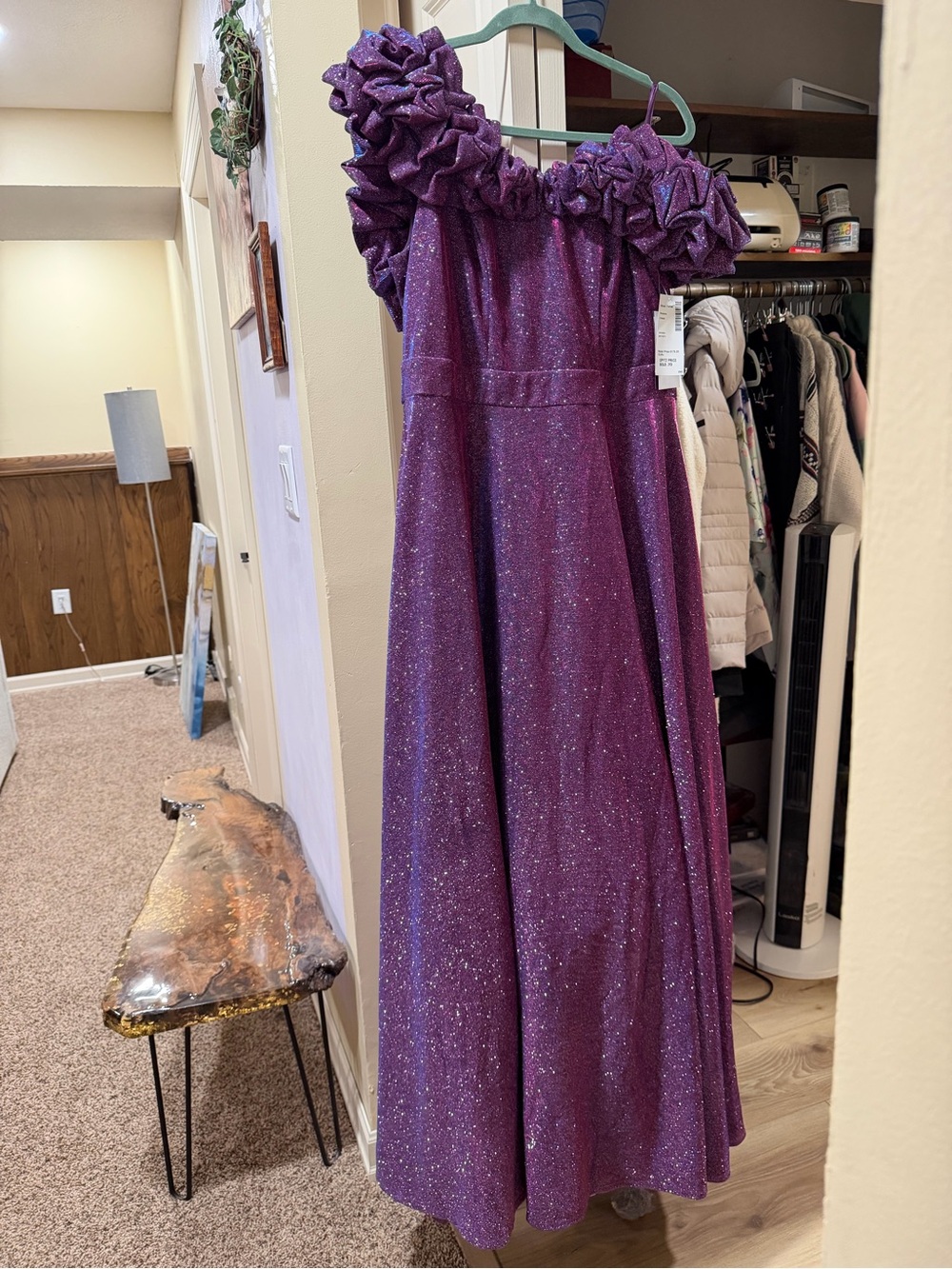 City Studio Purple Sparkle Ruffled Off-Shoulder Gown